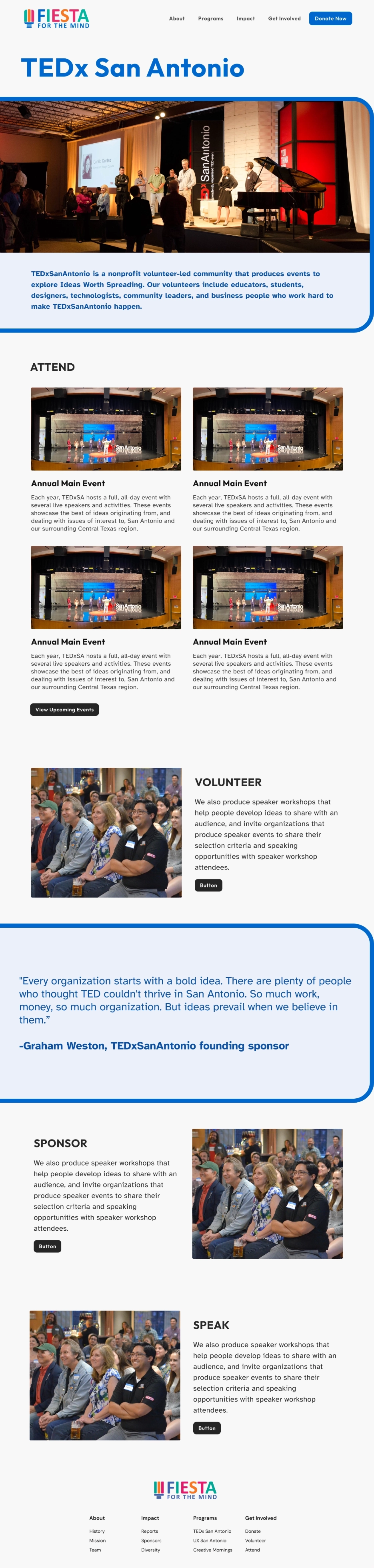 TEDx San Antonio page mockup, with a hero section describing the event along with details on how to attend or to volunteer.